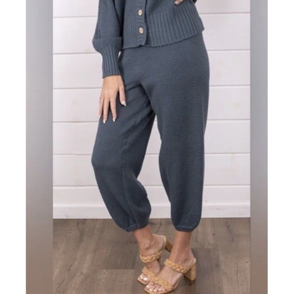 Free People FP Beach Hailee Cardi Pants Womens M Blue Waffle Knit Harem Jogger
